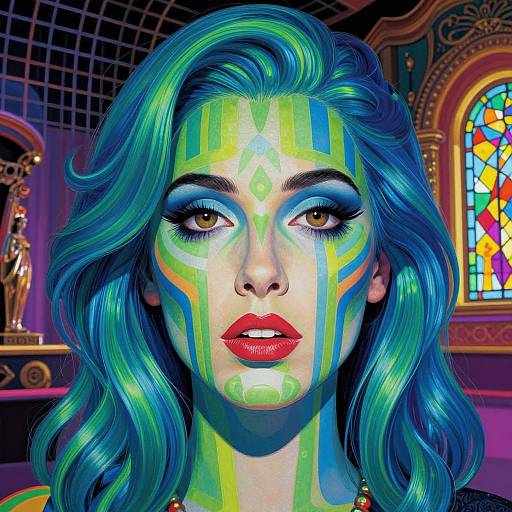 Digital portrait of a woman with vibrant blue-green hair, bold neon face paint, red lips, and striking blue eyeshadow in an ornate,