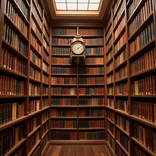 Photograph of a narrow, wooden bookshelf-filled library with a vintage clock centered on the back wall, illuminated by skylight.