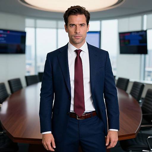 Photograph of a handsome, serious-looking man with short brown hair, wearing a dark navy suit, white shirt, and maroon tie, standing in