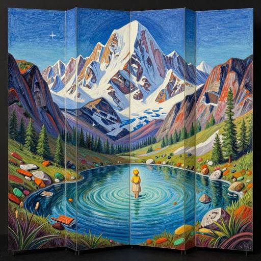 Vibrant digital painting of a yellow bird standing in a serene mountain lake, surrounded by colorful rocks and evergreens, with snow-capped peaks in