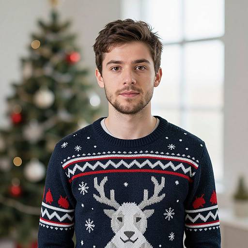 Photograph of a young, bearded man with short brown hair, wearing a black Christmas sweater with a white reindeer, standing in front of a