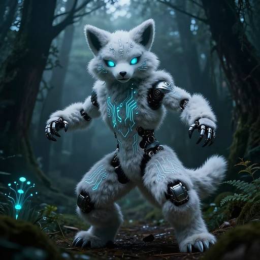 Digital artwork of a glowing, cybernetic white fox with blue eyes and neon patterns in a dark, misty forest.