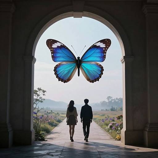Silhouetted couple walks through an archway, flanked by vibrant blue butterfly, overlooking a colorful meadow. Photograph, surreal style.