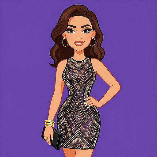 Digital illustration of a confident woman with wavy brown hair, wearing a sparkling black dress, gold hoop earrings, and bracelets, holding a black clutch,