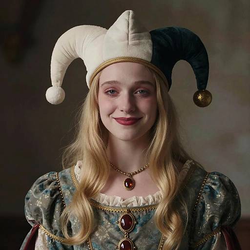 Photograph of a young blonde girl with fair skin, wearing a jester hat, ornate green dress, and gold jewelry, smiling gently against a