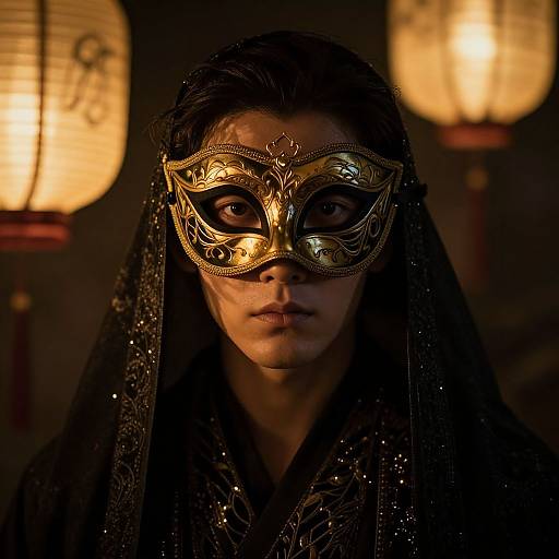 Photograph of a woman with dark skin, wearing an ornate golden masquerade mask and black veil, illuminated by soft, glowing lanterns in
