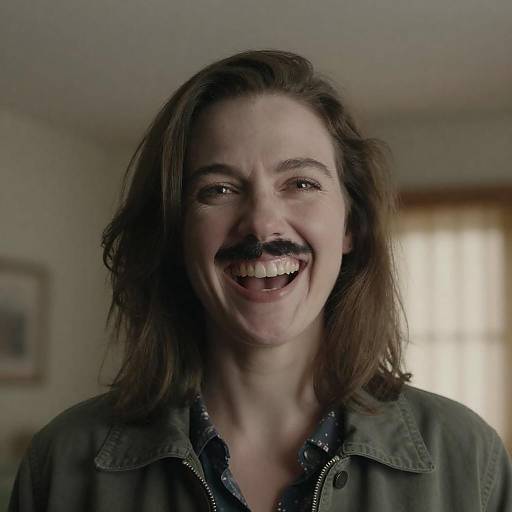 Cheerful Woman with Whimsical Mustache