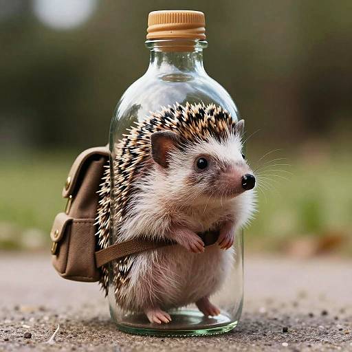 Photograph of a small hedgehog with black eyes, white and brown fur, and spines, standing inside a glass bottle with a yellow cap,