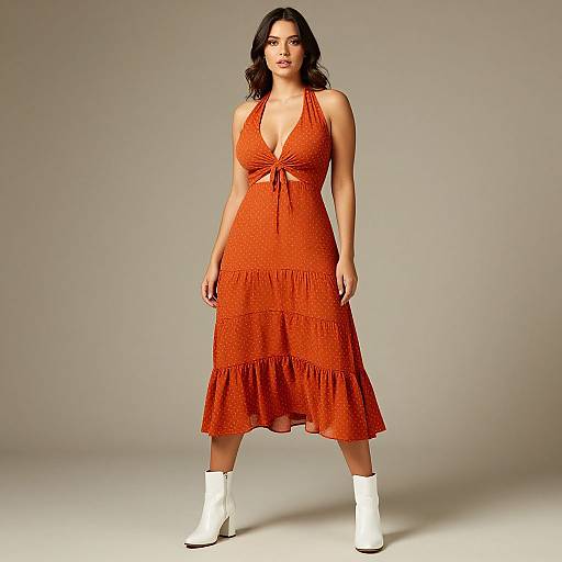 Photograph of a curvy woman with medium brown skin and wavy dark hair, wearing a red, ruffled, halter-neck dress and white