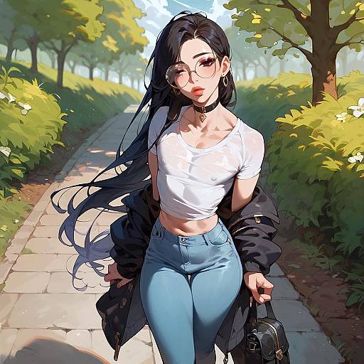 Digital anime-style drawing of a young woman with long black hair, glasses, white crop top, blue jeans, black jacket, and choker, walking