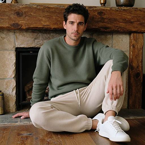 Photograph of a casually dressed man with short dark hair, sitting on wooden floor in front of rustic stone fireplace, wearing green sweater, white pants,