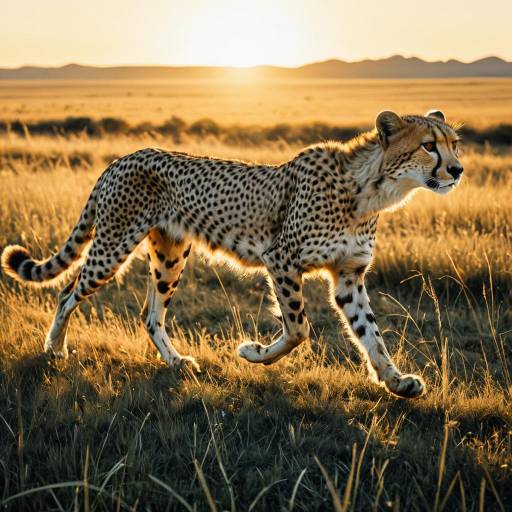 Cheetah Walking in Golden Sunrise Grasslands
