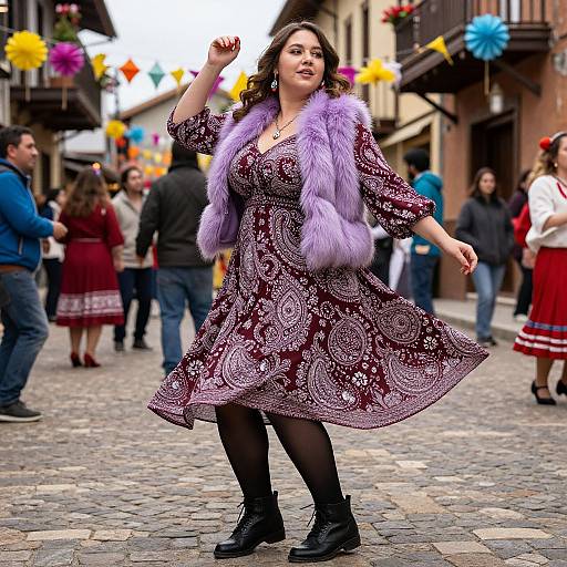 Photograph of a curvy woman with dark hair, wearing a purple patterned dress, black tights, black boots, and a lavender fur vest