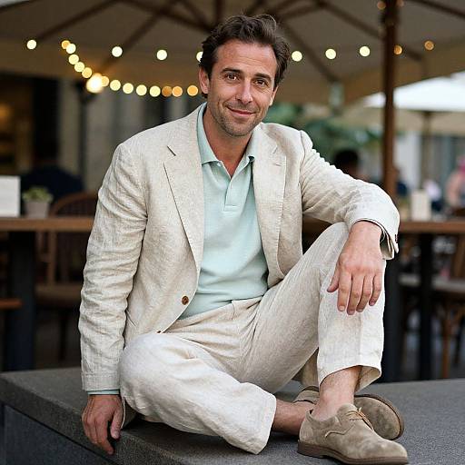 Man in Linen Suit at Bistro Patio