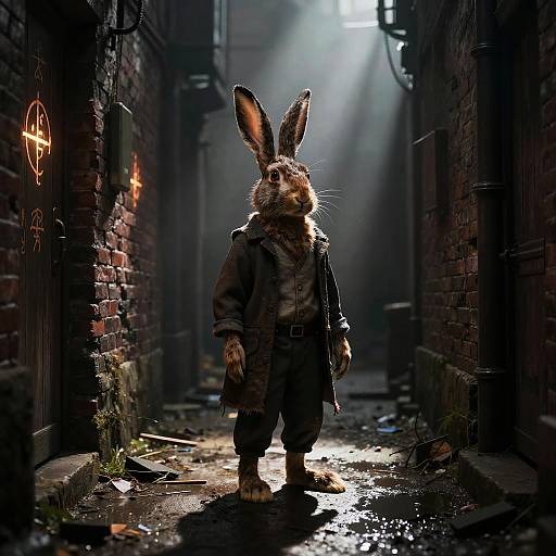 A photorealistic CGI of a humanoid rabbit in a dark, alleyway, wearing a trench coat, illuminated by a beam of light. Urban,