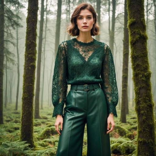 Woman in Forest Green Lace Top and Leather Culottes