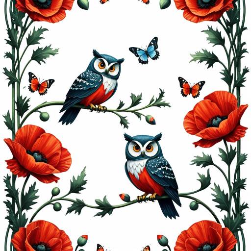 Pixar-Inspired Owls and Poppies Border Pattern