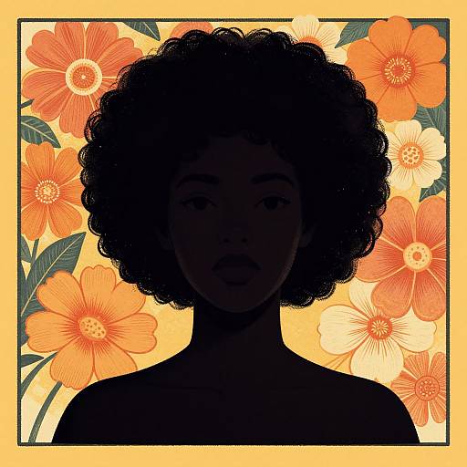 Retro Silhouette of Black Woman with Afro and Floral Background