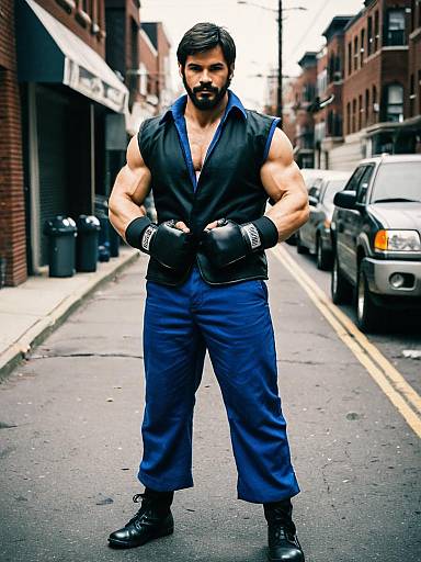 Man in Street Fighter Costume on Urban Street