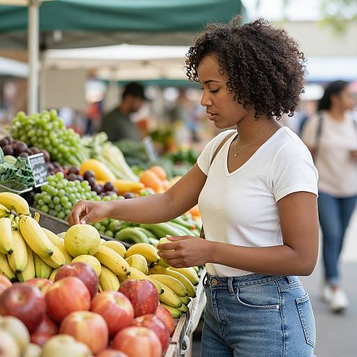 Photograph of a young Black woman with curly hair, wearing a white t-shirt and blue jeans, selecting bananas at a colorful outdoor market.