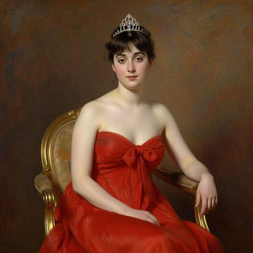 Painting of a fair-skinned woman with dark hair, wearing a red strapless dress and silver tiara, seated on a gold chair.