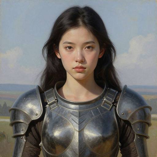 Digital painting of an Asian woman with long black hair, wearing reflective silver armor, standing against a clear blue sky and distant landscape.