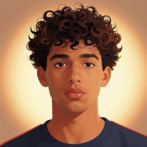 Digital portrait of a young man with curly brown hair, light brown skin, and full lips, wearing a dark blue shirt, illuminated by a soft,