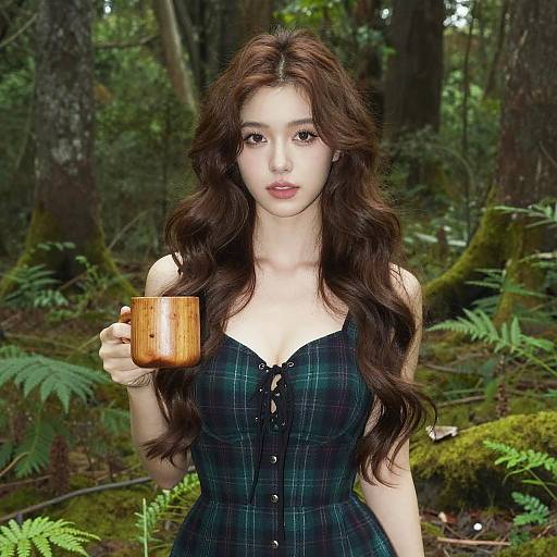 Photograph of a young Asian woman with long, wavy brown hair, wearing a dark green plaid dress, holding a wooden mug, standing in
