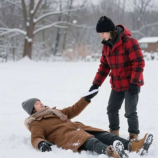 Snowy Scene with Two Friends Outdoors