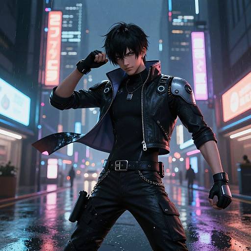 Cyberpunk cityscape photograph: Black-haired male in black leather jacket, gloves, and pants, holding umbrella, standing on wet street, neon lights