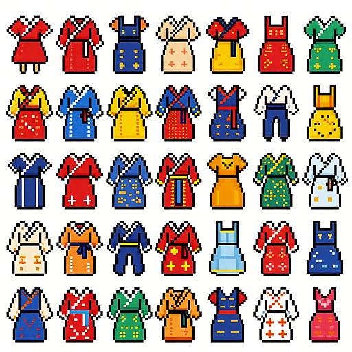 Pixel art grid of 40 colorful, blocky, stylized characters in various outfits, including shirts, vests, and hats, all with pixelated