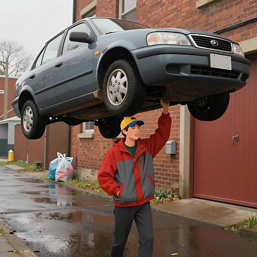 Young Man in Wet Alley with Car