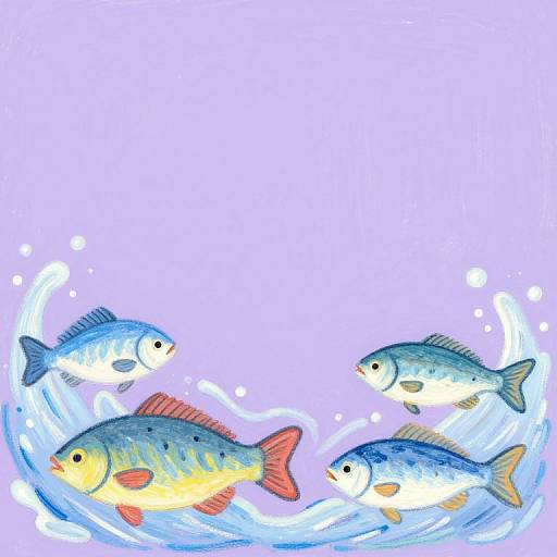 Colorful digital illustration of four swimming fish with blue, yellow, and red fins on a light purple background, surrounded by white water splashes.