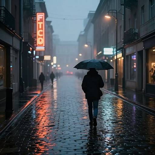 Photograph of a silhouetted person with an umbrella walking down a wet, neon-lit urban street at twilight, reflecting colorful lights on the