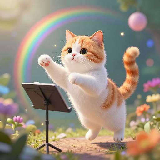 Adorable orange and white kitten with wide eyes, standing on hind legs, paw raised, playing piano stand, rainbow and flowers in the background. Digital