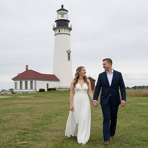 Photograph of a smiling couple in white wedding attire holding hands, walking towards a white lighthouse with a red-roofed building, on a grass