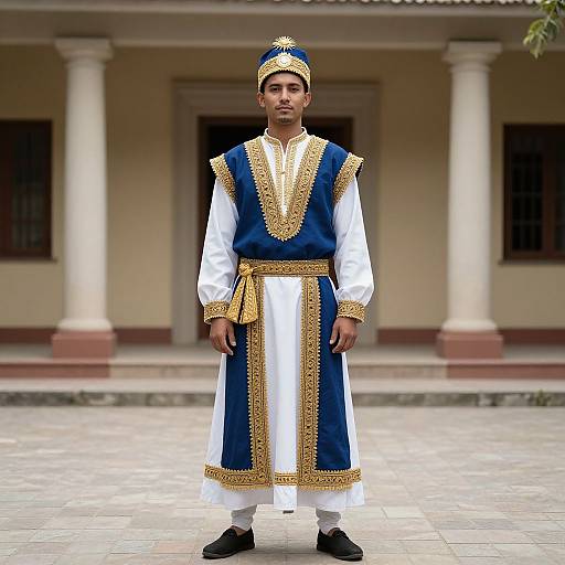 Photograph of a young South Asian man standing in front of a colonial-style building, wearing a traditional blue and gold embroidered royal outfit with a white t