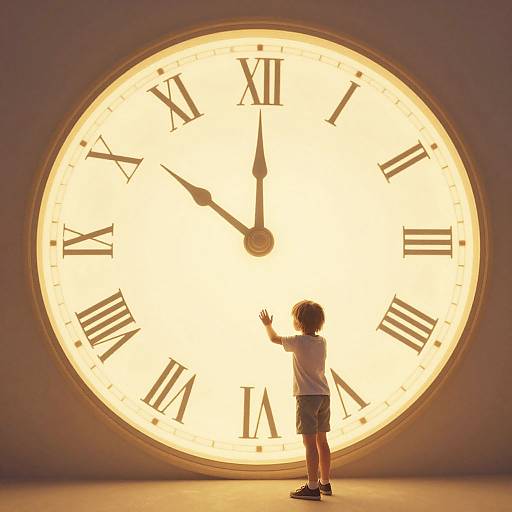 Photograph of a young boy with curly hair, wearing a white shirt and gray shorts, standing in front of a large, illuminated clock face, reaching
