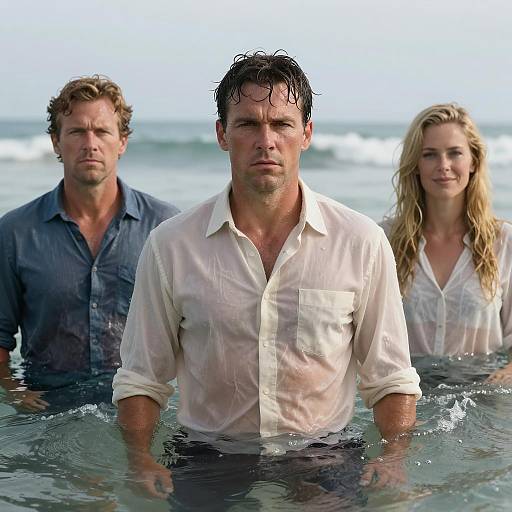 Three People in a Shallow Ocean Scene