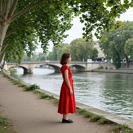 Photograph of a woman in a red dress standing on a riverside path, trees overhead, stone bridge in background.