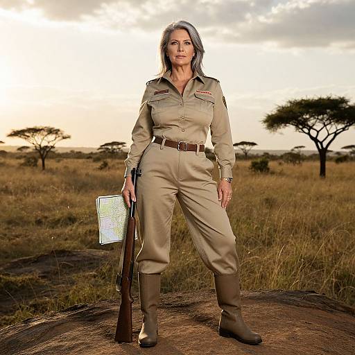 Photograph of a confident, gray-haired woman in a beige safari uniform, standing on a rock in a grassy savanna at sunset, holding a