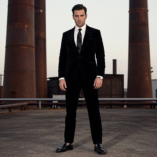 Photograph of a serious, dark-haired man in a black suit, white shirt, and black tie, standing in front of large rusted industrial columns