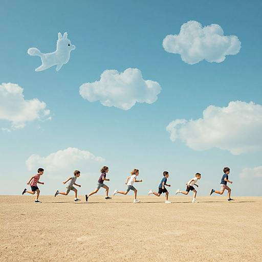 Photograph of six children running on a sandy hilltop under a bright blue sky with fluffy clouds and a white, floating rabbit.