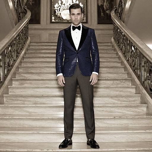 Photograph of a handsome man with short dark hair, wearing a sparkling navy blazer, black bow tie, white shirt, black pants, and black