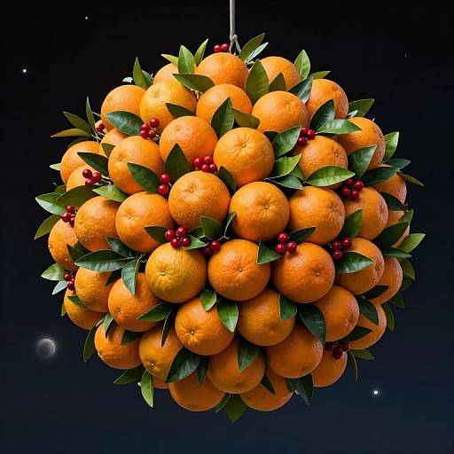 Photograph of a spherical arrangement of bright orange oranges, green leaves, and red berries, hanging against a dark starry background.