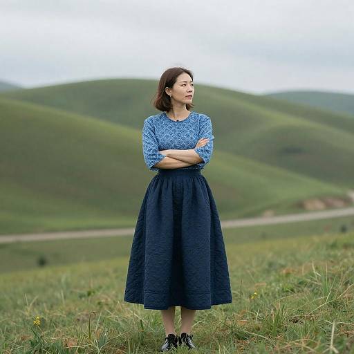 Woman in Blue Quilted Skirt on Hill