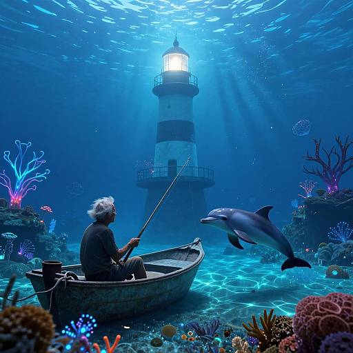 Photograph-like digital artwork of an elderly man fishing from a boat, with a dolphin, underwater lighthouse, colorful coral, and vibrant marine life in