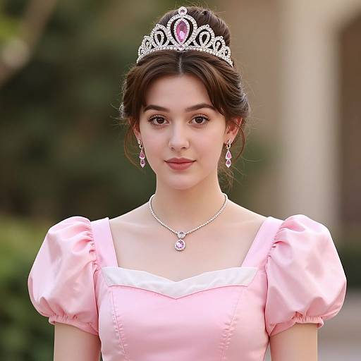 Photograph of a young woman with fair skin, brown eyes, and dark hair in an updo, wearing a pink princess dress, silver tiara