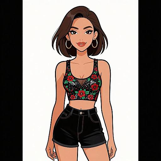 Digital drawing of a confident young woman with medium skin, black bob haircut, wearing a floral crop top and black high-waisted shorts, large hoop