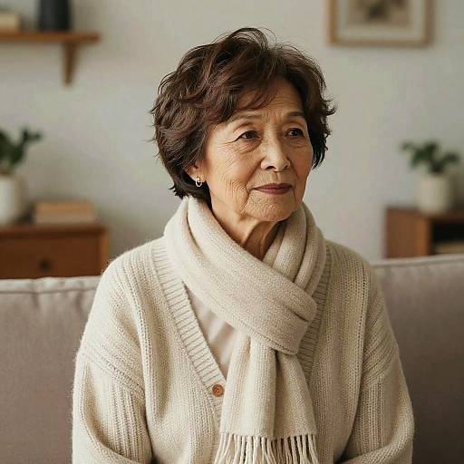Photograph of an elderly woman with short, dark brown hair, wearing a cream-colored knit sweater and scarf, sitting on a beige couch in a cozy